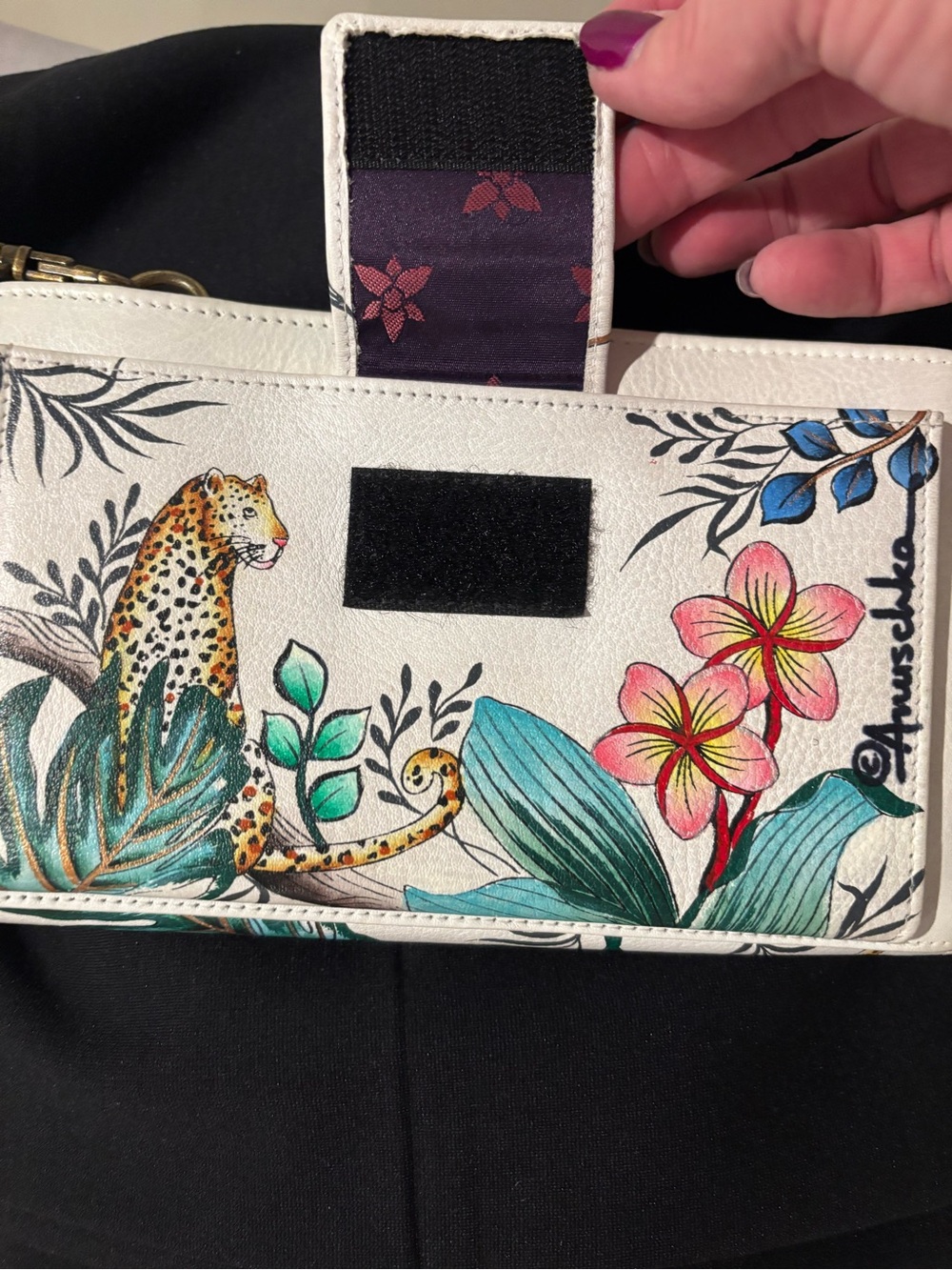 Hand Painted Anuschka White Floral & Leopard Crossbody Bag - Picture 5 of 10